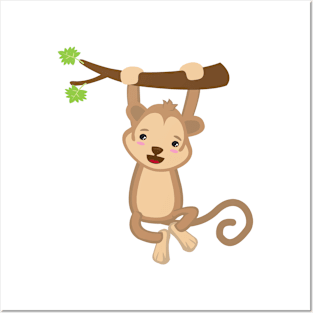 Cute kawaii monkey on tree design Posters and Art